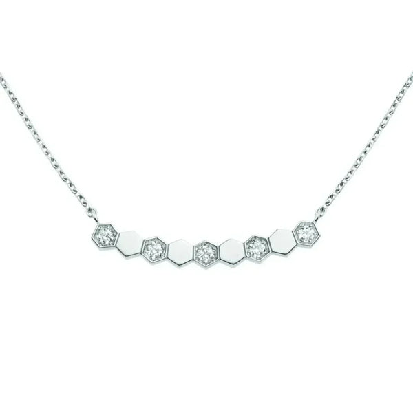 Minimal Honeycomb Bar Necklace White Gold with Diamonds
