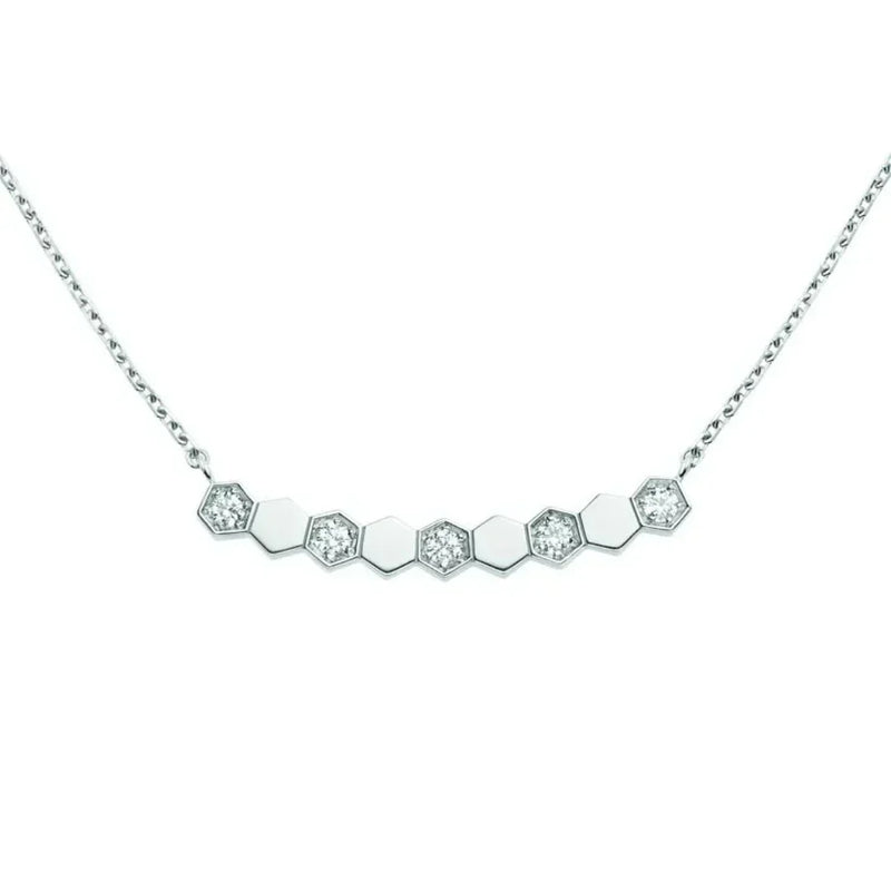 Minimal Honeycomb Bar Necklace White Gold with Diamonds