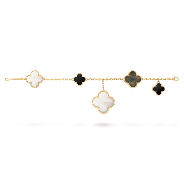 Magic Alhambra Bracelet 5 Motifs Yellow Gold White and Gray Mother of Pearl