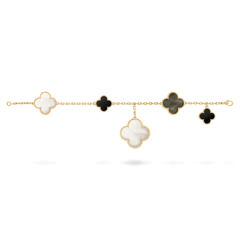 Magic Alhambra Bracelet 5 Motifs Yellow Gold White and Gray Mother of Pearl