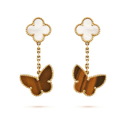 Lucky Alhambra Earrings 2 Motifs Yellow Gold White Mother of Pearl Tiger’s Eye