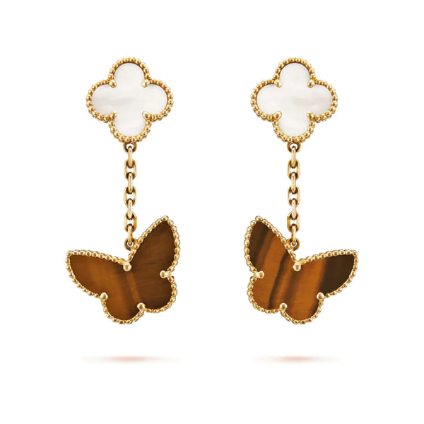 Lucky Alhambra Earrings 2 Motifs Yellow Gold White Mother of Pearl Tiger’s Eye