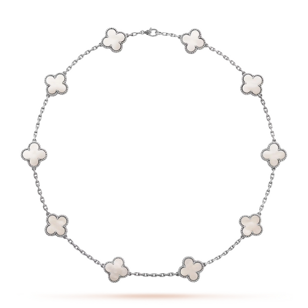 Clover Motif Long Necklace White Gold