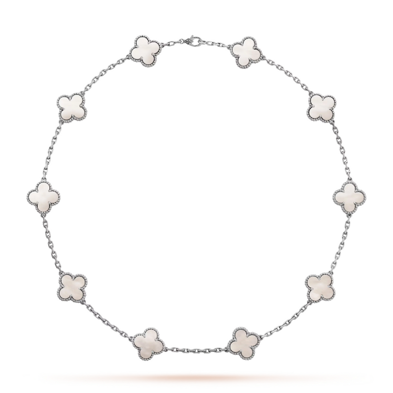 Clover Motif Long Necklace White Gold