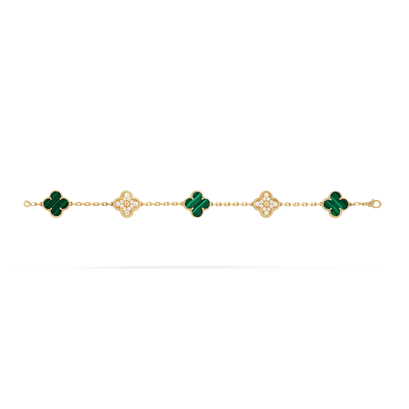 Vintage Alhambra Bracelet 5 Motifs Yellow Gold Malachite and Diamonds