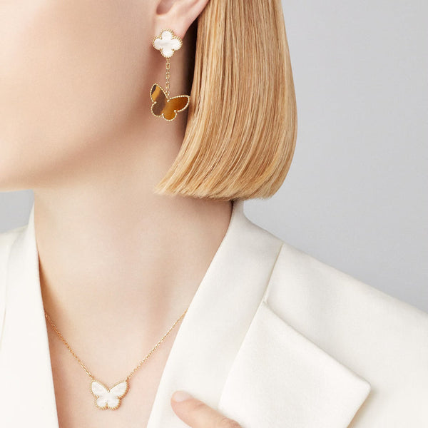 Lucky Alhambra Earrings 2 Motifs Yellow Gold White Mother of Pearl Tiger’s Eye