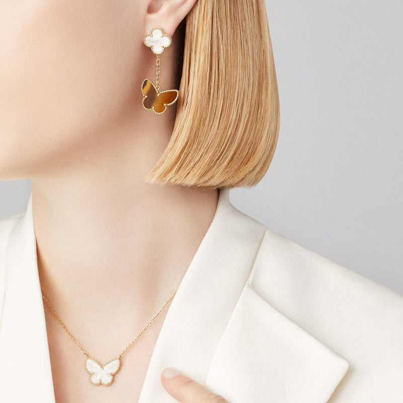 Lucky Alhambra Earrings 2 Motifs Yellow Gold White Mother of Pearl Tiger’s Eye