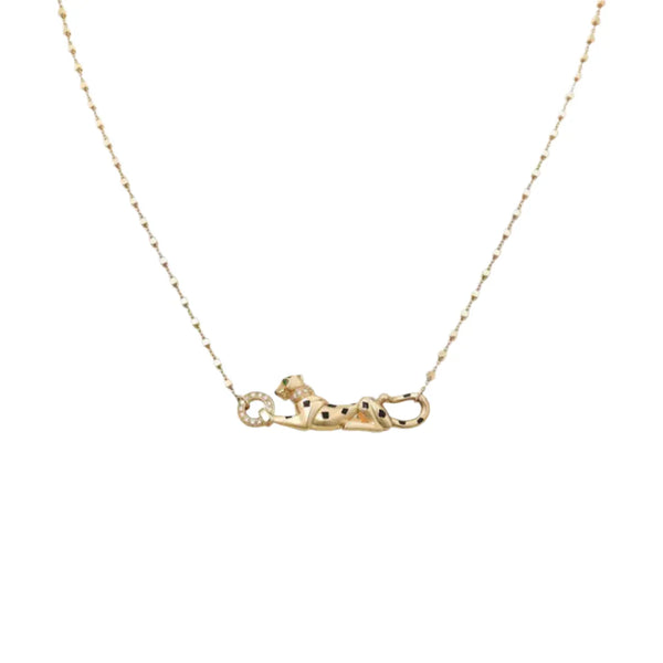 Gold Panther Pendant Necklace With Enamel Detail