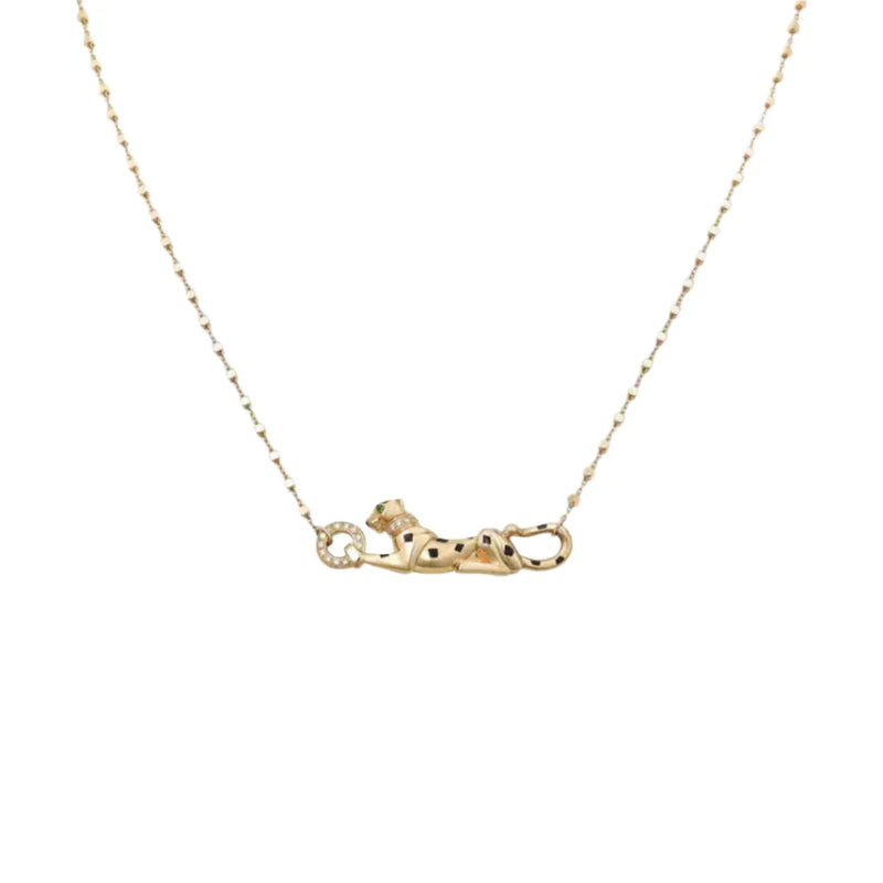 Gold Panther Pendant Necklace With Enamel Detail