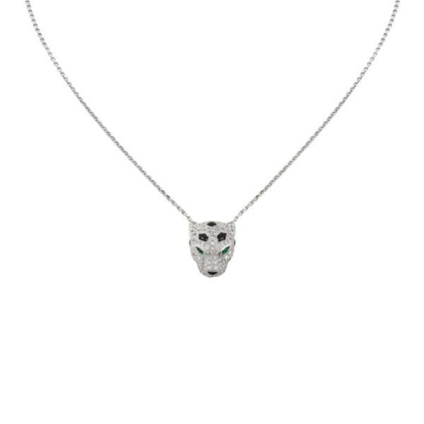Silver Panther Head Pendant Necklace With Stones