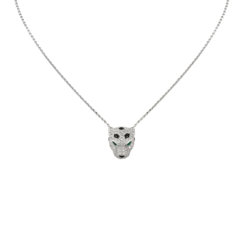 Silver Panther Head Pendant Necklace With Stones