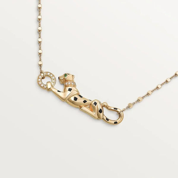 Gold Panther Pendant Necklace With Enamel Detail