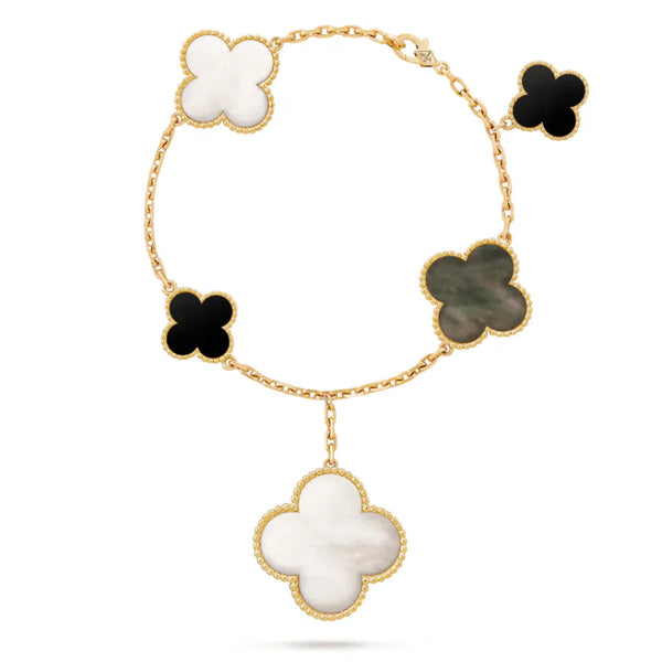 Magic Alhambra Bracelet 5 Motifs Yellow Gold White and Gray Mother of Pearl