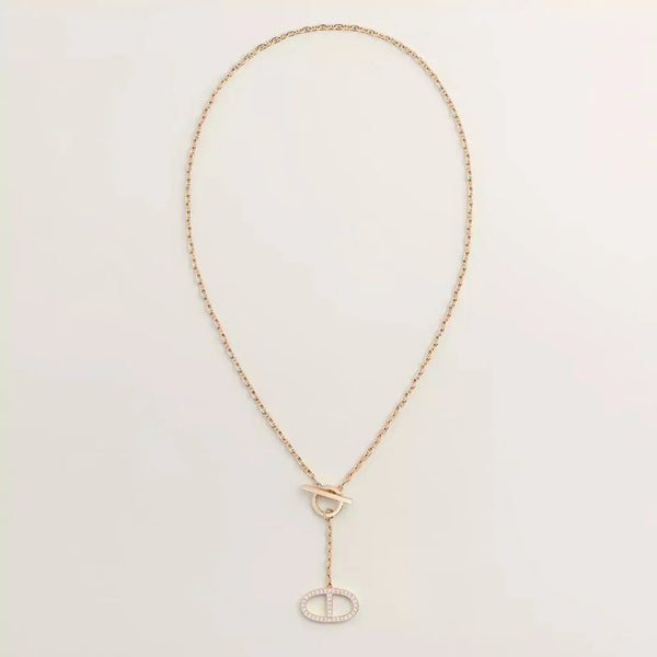 Yellow Gold Lariat Pendant Necklace With Pavé Oval Charm