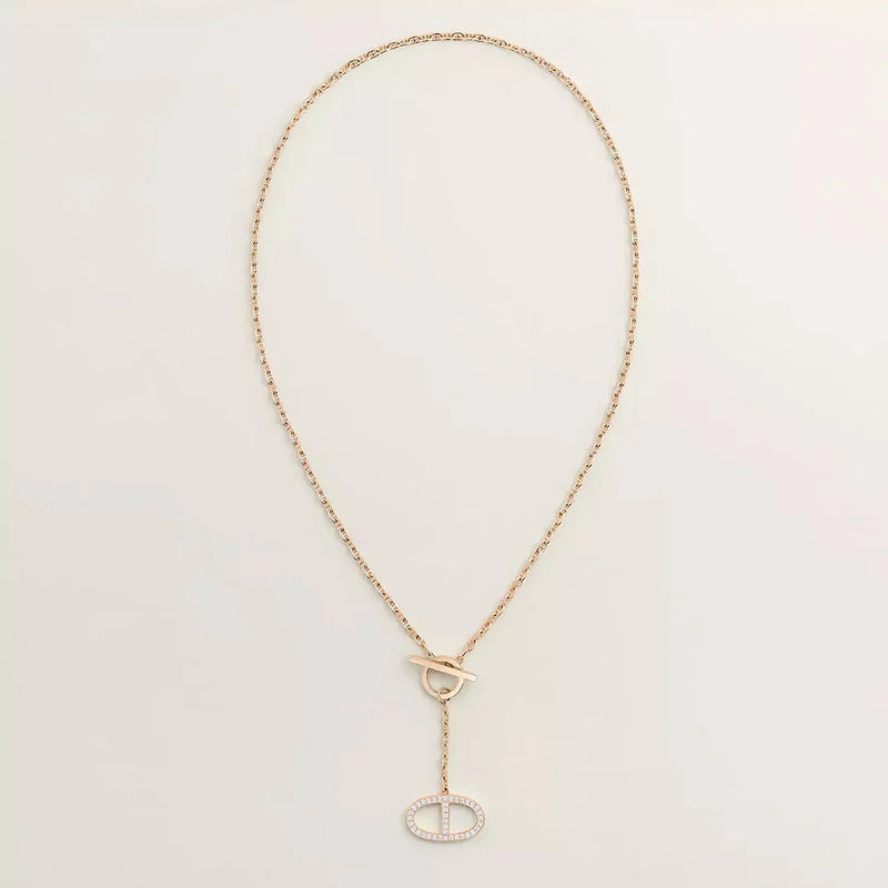 Yellow Gold Lariat Pendant Necklace With Pavé Oval Charm