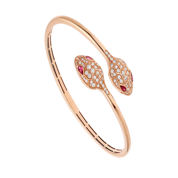 Double Serpent Seduction Bracelet Rose Gold Vermeil Ruby Eyes Diamond Pave