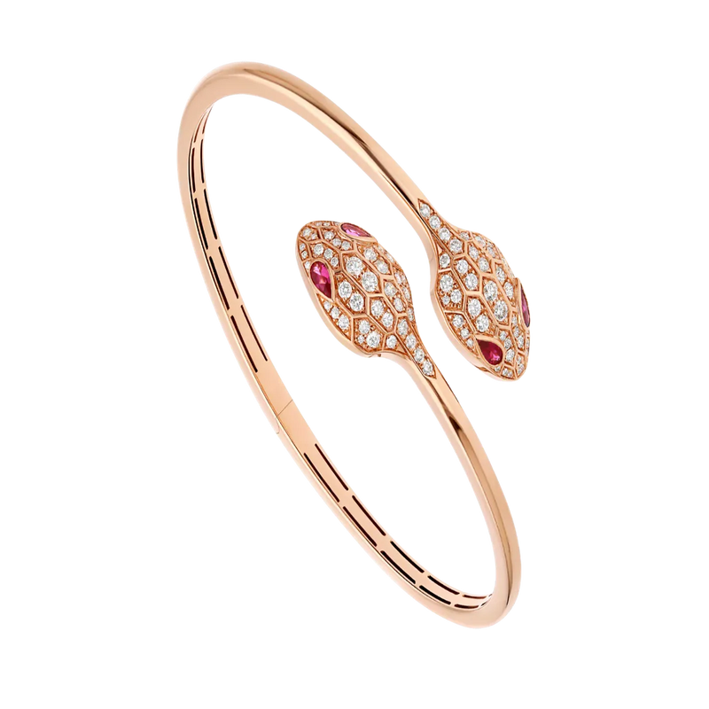Double Serpent Seduction Bracelet Rose Gold Vermeil Ruby Eyes Diamond Pave