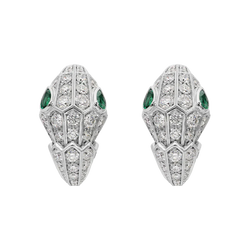 Serpenti Emerald-Eyed Earrings with Pavé Diamonds in White Gold Vermeil