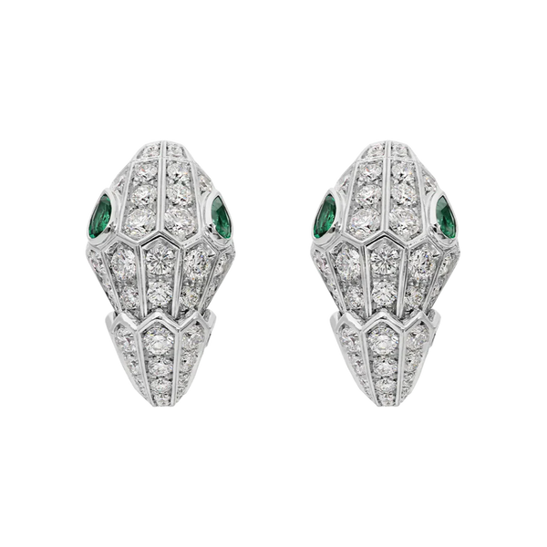 Serpenti Emerald-Eyed Earrings with Pavé Diamonds in White Gold Vermeil