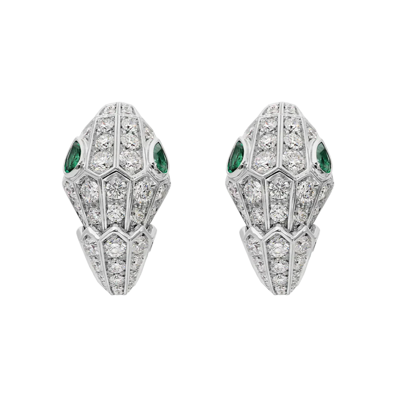 Serpenti Emerald-Eyed Earrings with Pavé Diamonds in White Gold Vermeil