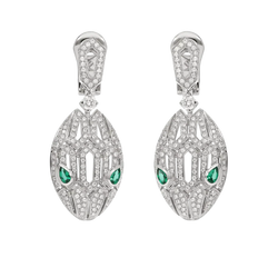 Serpenti Seduttori Drop Earrings with Emerald Eyes & Pavé Diamonds in White Gold Vermeil