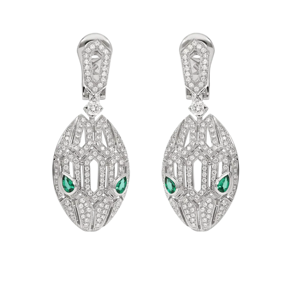 Serpenti Seduttori Drop Earrings with Emerald Eyes & Pavé Diamonds in White Gold Vermeil