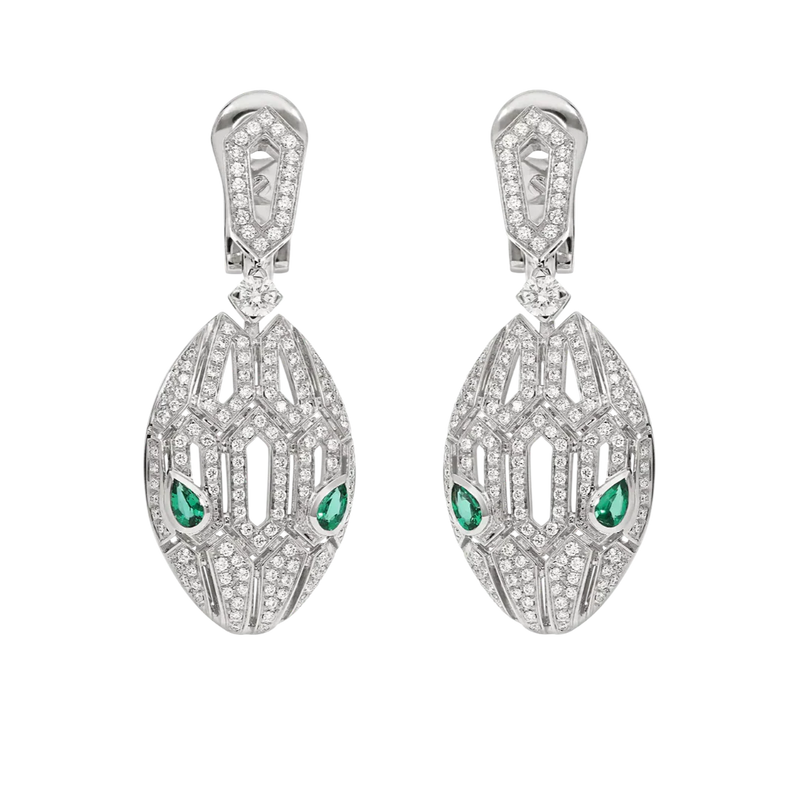 Serpenti Seduttori Drop Earrings with Emerald Eyes & Pavé Diamonds in White Gold Vermeil