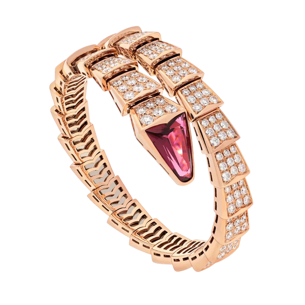 Single Coil Serpent Bracelet Rose Gold Vermeil Rubellite Diamond Pave