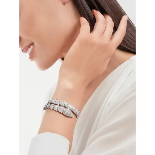 Single Coil Serpent Bracelet White Gold Vermeil Full Diamond Pavé
