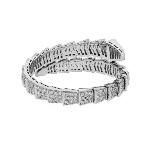 Single Coil Serpent Bracelet White Gold Vermeil Full Diamond Pavé
