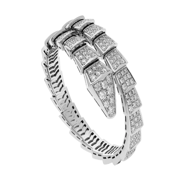 Single Coil Serpent Bracelet White Gold Vermeil Full Diamond Pavé