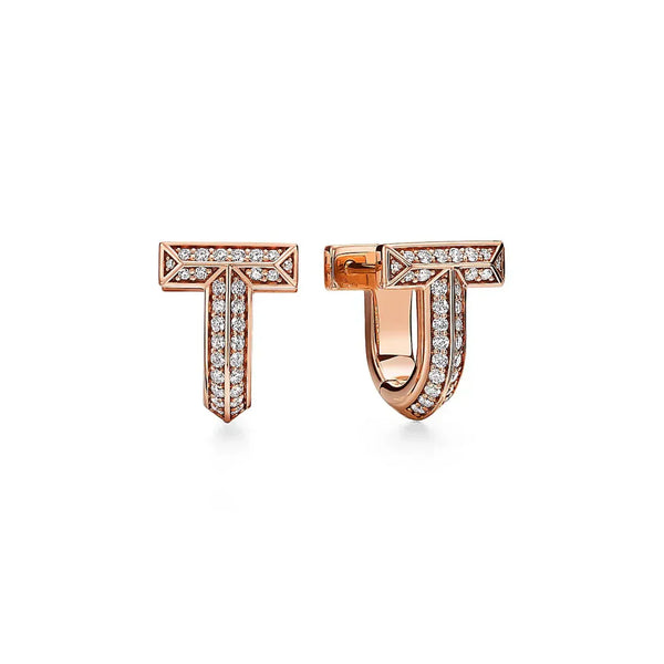 T Alphabet Huggie Rose Gold With Diamonds Earrings