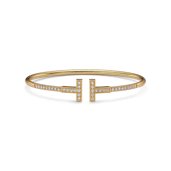 T Pave Diamond Wire Bangle in Yellow Gold